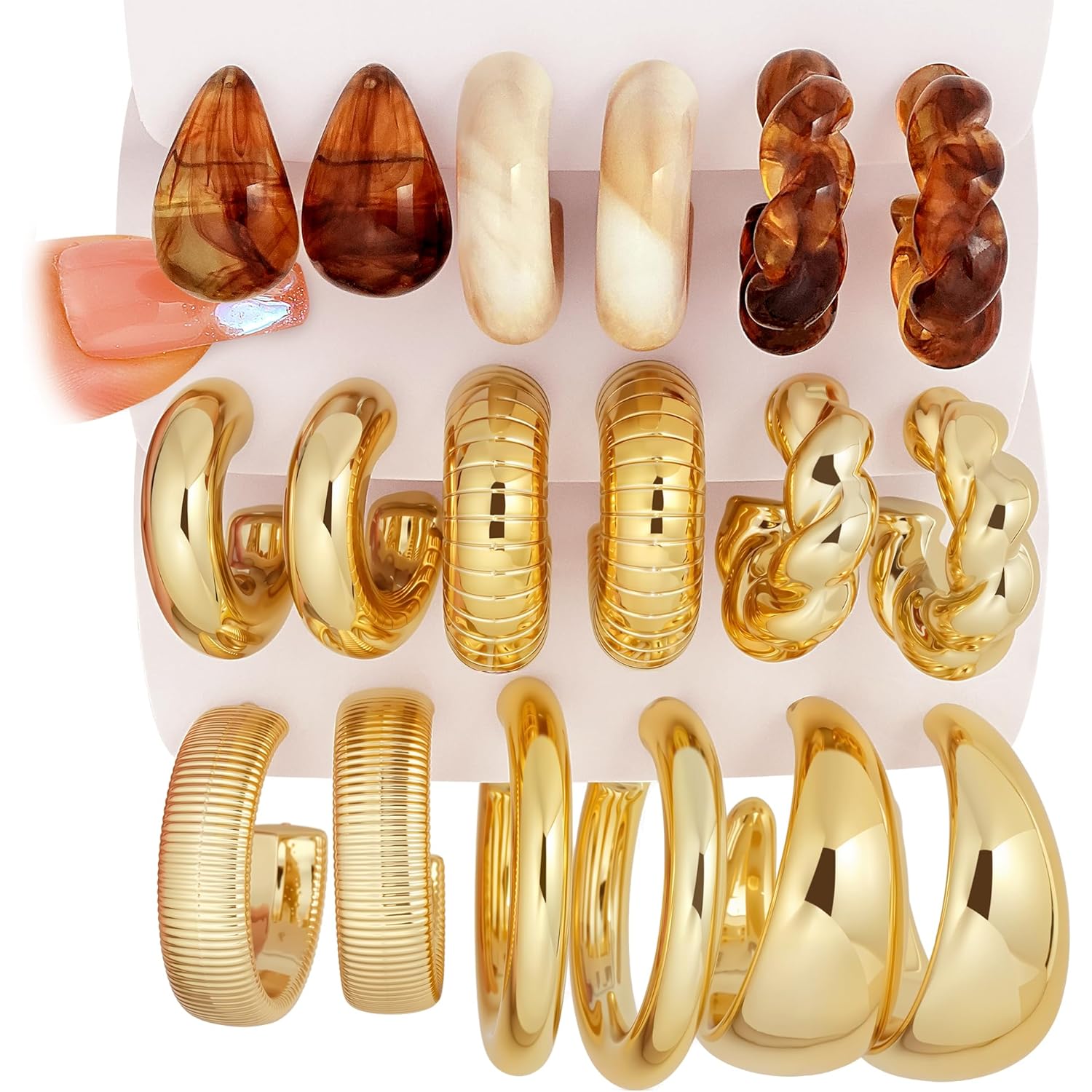 Chunky Gold Hoop Earrings for Women: 9 Pairs 14k Gold-Plated Resin Hoop Earrings, Thick Open Twisted Huggie Hoops Fashion Jewelry Gifts