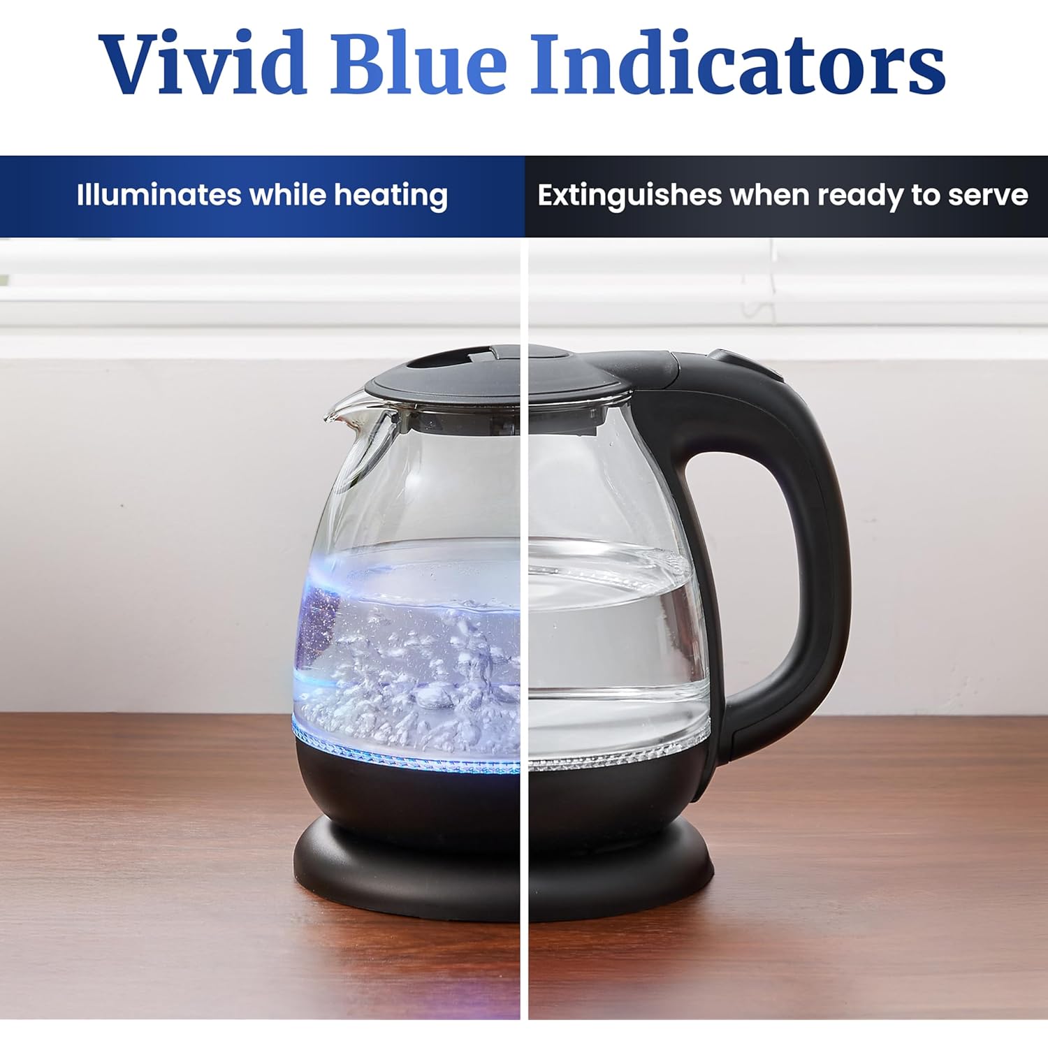 Elite Gourmet EKT1001 Electric 1.0L BPA-Free 1100W Glass Kettle Cordless 360° Base, Stylish Blue LED Interior, Handy Auto Shut-Off Function – Quickly Boil Water For Tea & More, Black