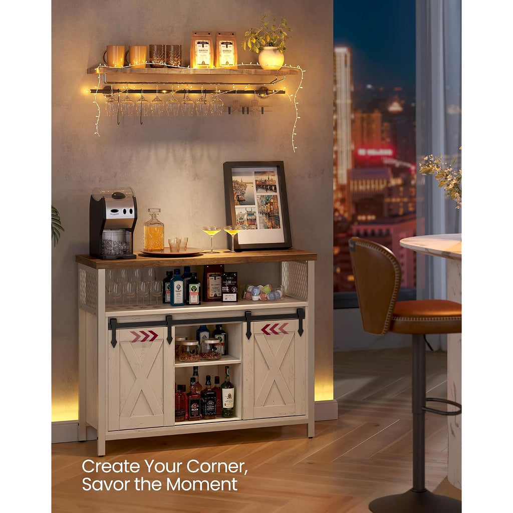 Vasagle Buffet Cabinet, Coffee Bar Storage Cabinet, Sideboard With 2 Sliding Barn Doors, Adjustable Shelves, 13 X 39.4 X 31.5 Inches, For Living Room, Rustic White And Honey Brown Ulsc092W01
