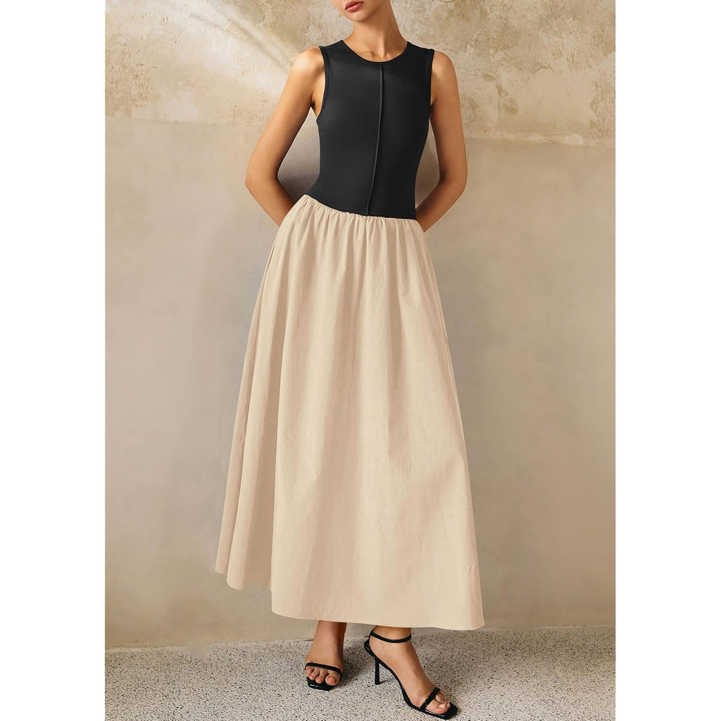 Prettygarden Maxi Dresses For Women 2026 Summer Casual Sleeveless Patchwork Flowy Vacation Sundress Knit Long Work Tank Dress