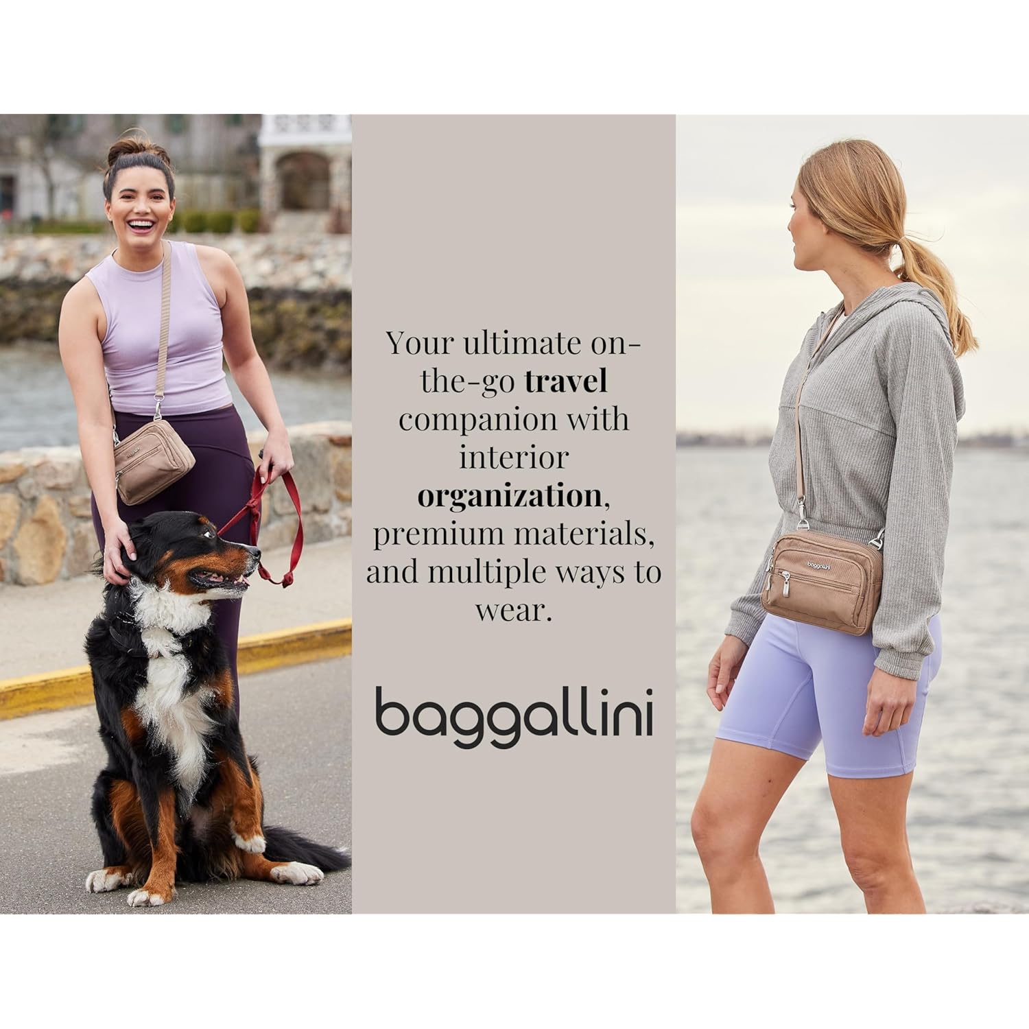 Baggallini Triple Zip Small Crossbody Bag for Women - Lightweight Convertible Fanny Pack Belt Bag