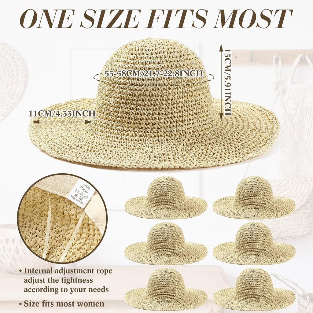 Bonuci 6 Pcs Floppy Paper Straw Sun Hat Foldable Packable Wide Brim Scarecrow Hat Breathable Crochet Bucket Beach Hat