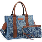 Denim Tote Bag For Women Top Handle Satchel Purse Boho Shoulder Handbags With Wristlet