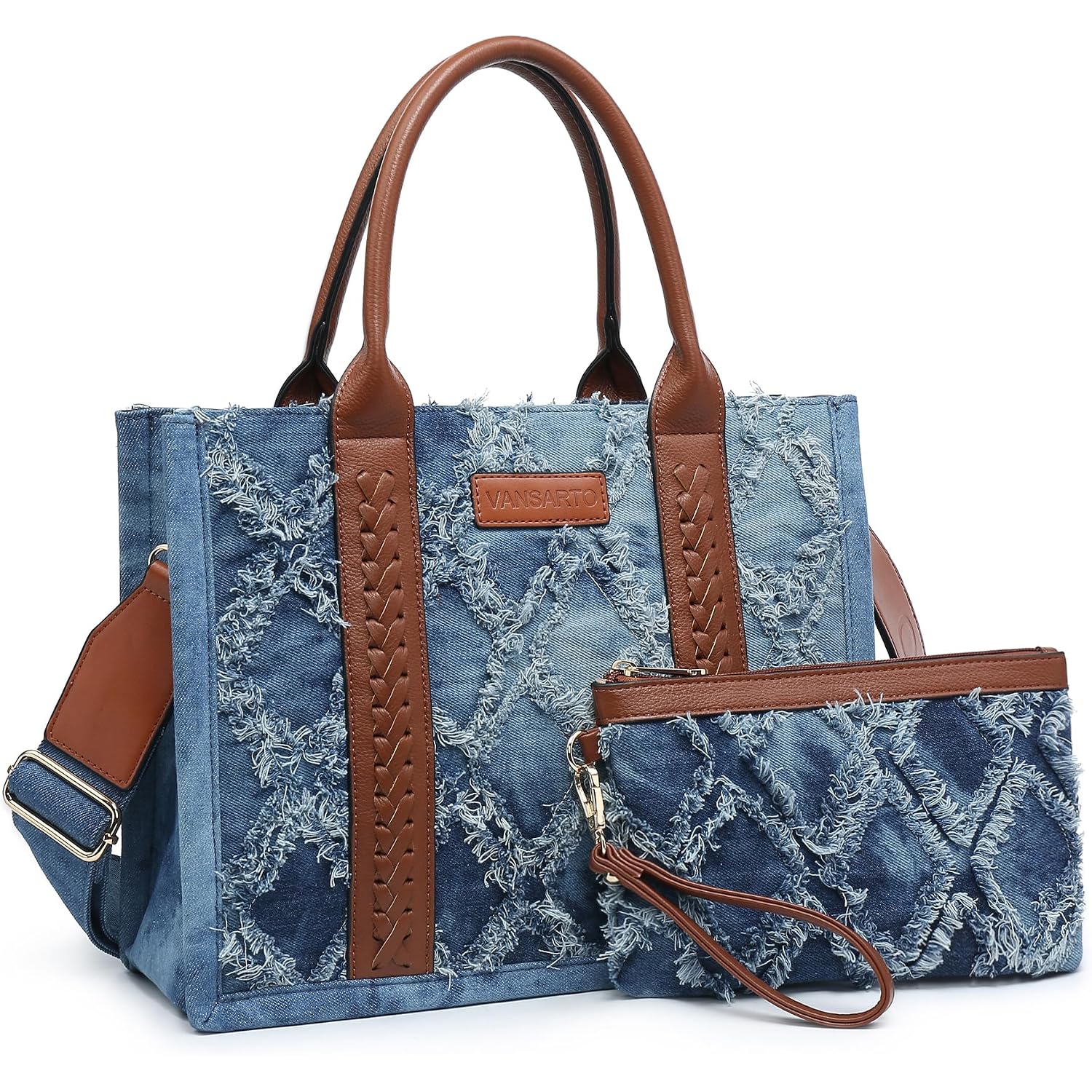 Denim Tote Bag For Women Top Handle Satchel Purse Boho Shoulder Handbags With Wristlet