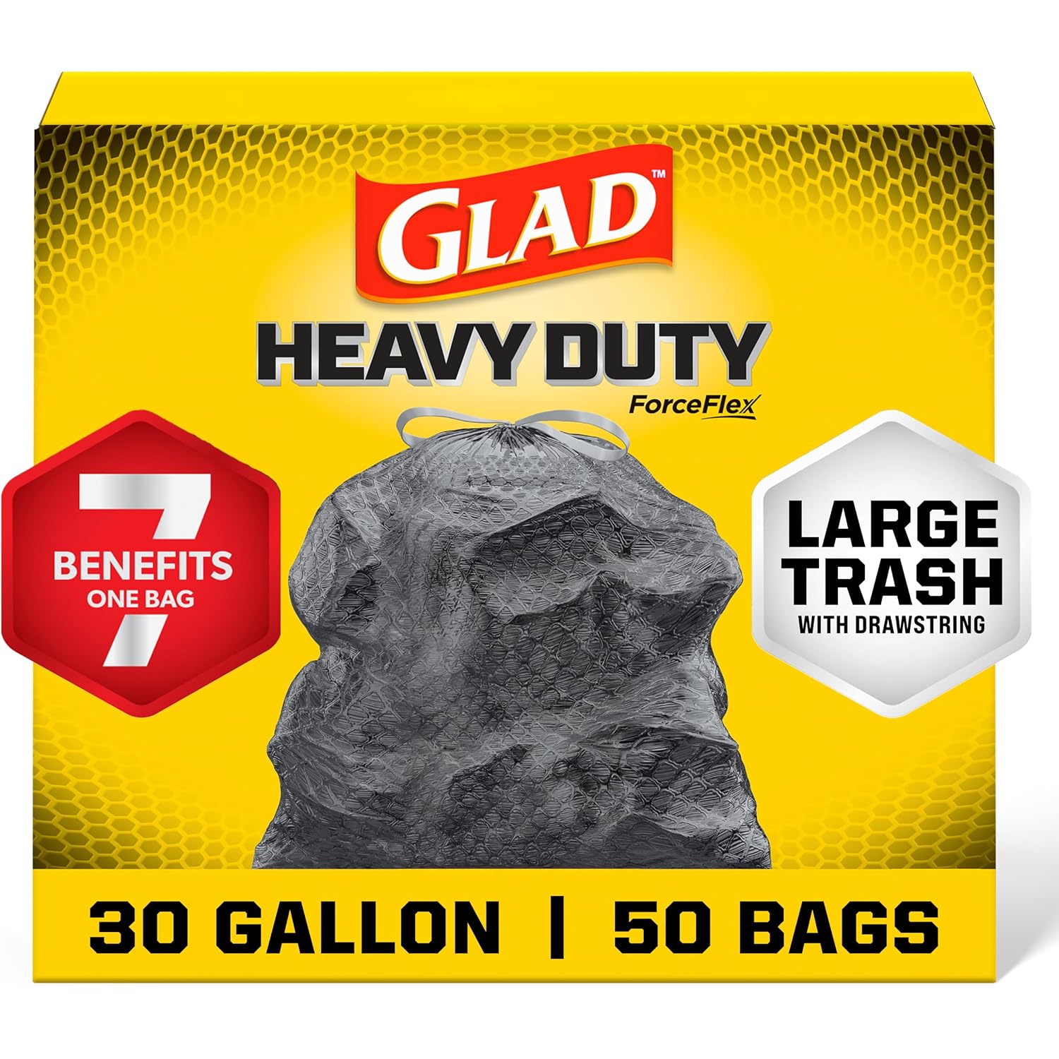 Glad Large 30 Gallon Trash Bags, Unscented Heavy Duty Garbage Bags, Forceflex With Drawstring, 50 Count (Packaging May Vary)