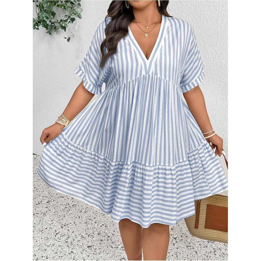 Soly Hux Women'S Plus Size Striped Ruffle Dress Summer Deep V Neck Half Sleeve Flowy Babydoll Dresses