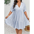 Soly Hux Women'S Plus Size Striped Ruffle Dress Summer Deep V Neck Half Sleeve Flowy Babydoll Dresses