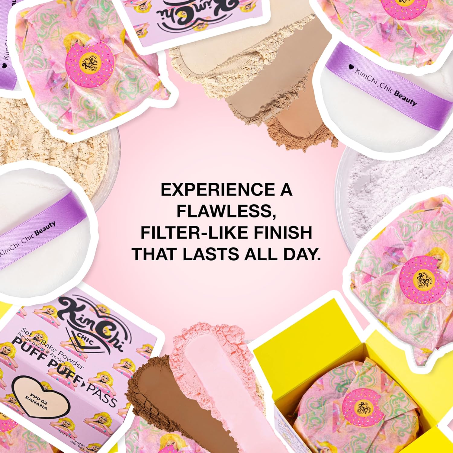 KimChiChic Beauty Puff Puff Pass Set and Bake Setting Powder for Makeup, Extra Fluffy Loose Face Powder Poof, Soft Natural Face Makeup for Uneven Skin Tone, 09 Pink