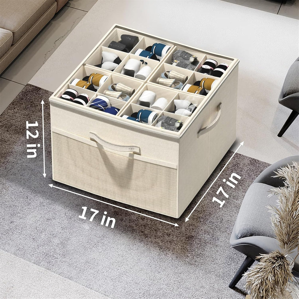 Shoe Organizer For Closet, Foldable Shoe Storage With Adjustable Dividers | Fabric Shoe Storage Organizer Box Bin With Adjustable Dividers And Clear Cover, Fits Up To 16-32 Pairs