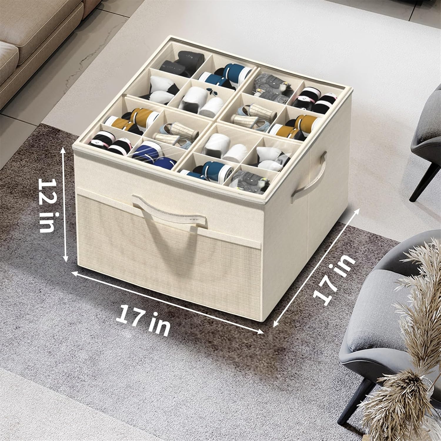 Shoe Organizer For Closet, Foldable Shoe Storage With Adjustable Dividers | Fabric Shoe Storage Organizer Box Bin With Adjustable Dividers And Clear Cover, Fits Up To 16-32 Pairs