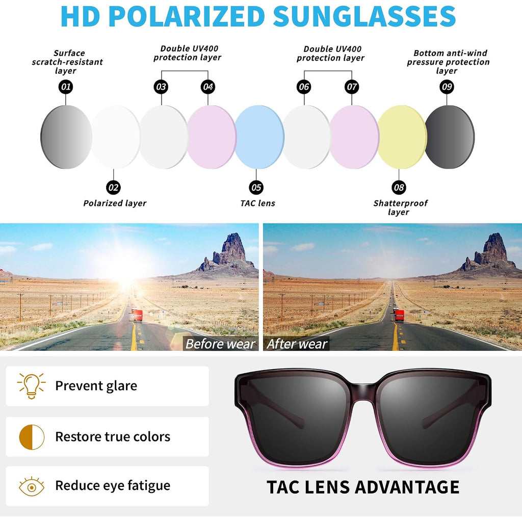 Polarized Sunglasses Fit Over Glasses for Women, UV400 Protection Trendy Square Womens Mens Shades Sun Glasses A04 Gradient Purple Frame/Grey Lens