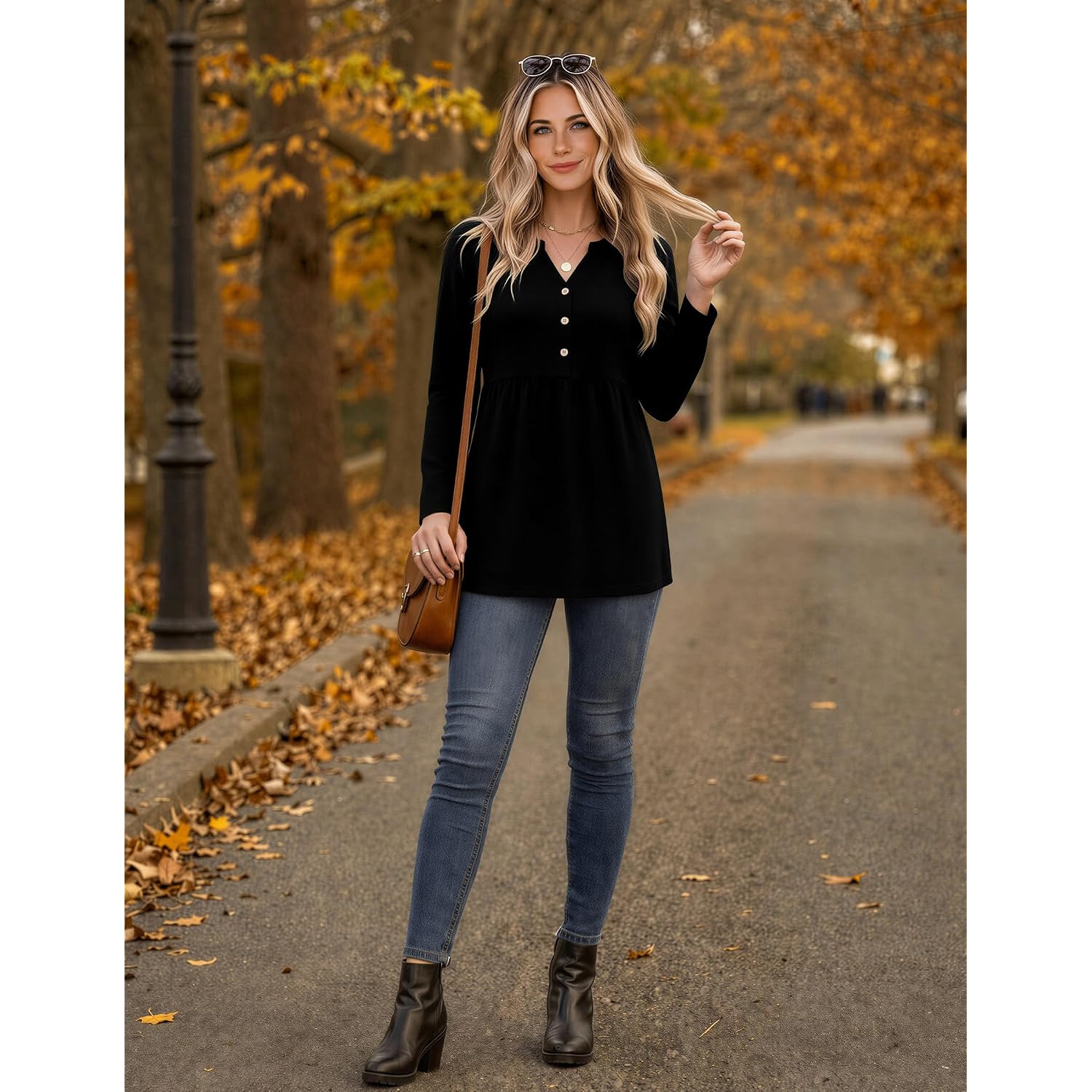 Zeagoo Women Blouses Long Sleeve Shirts Boho Henley V Neck Tops Business Casual Loose Pleated Fashion Clothing