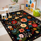 RELEANY Floral Nursery 5x7 Area Rugs Washable Print Boho Cute Carpet Non Slip Flower Low Pile for Living Room Kids Girls Playroom Bedroom Kitchen Office Farmhouse-Black