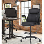 Misolant Drafting Chair, Tall Office Chair For Standing Desk, High Leather Executive Office Chair With Adjustable Height And Flip-Up Armrest For Counter Height Desk