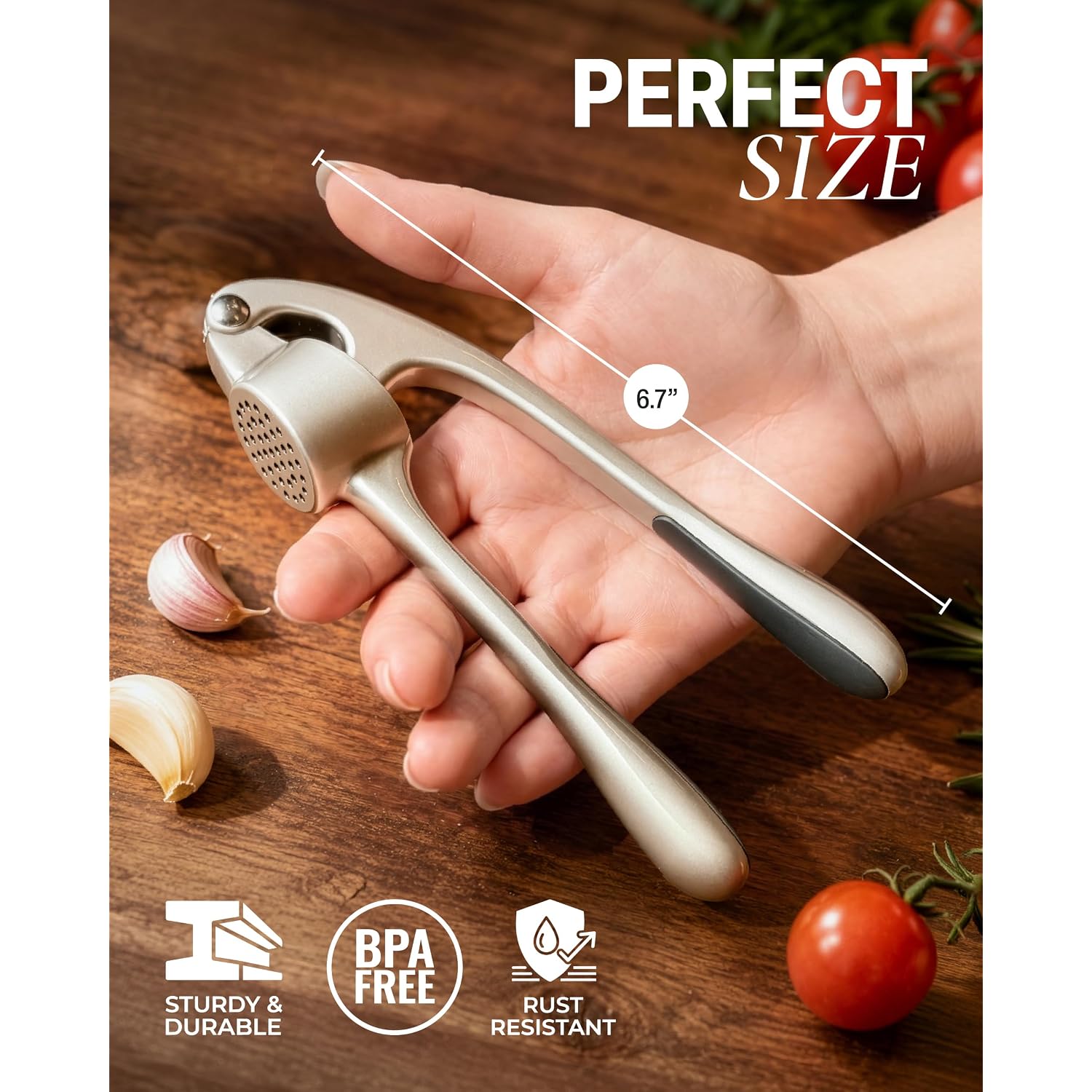 Zulay Kitchen Premium Garlic Press Set - Rust Proof Professional Garlic Mincer Tool - Easy-Squeeze, Easy-Clean With Soft, Ergonomic Handle - Silicone Garlic Peeler & Brush (Silver)