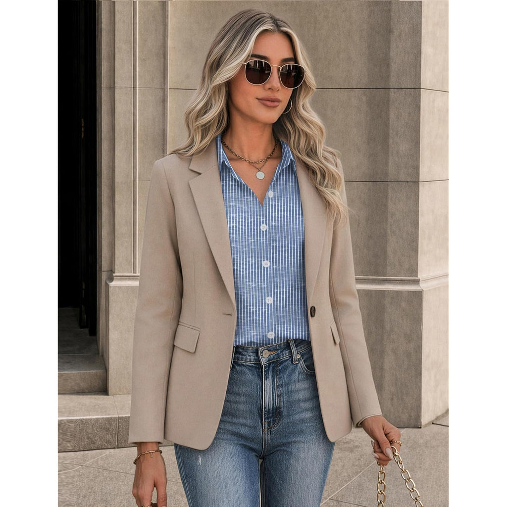 Zeagoo Button Down Shirts For Women Long Sleeve Tops Striped Solid Blouses | Collared V Neck Shirts Button Up Shirt Dressy Casual Blouses Cute Summer Fall Fashion Clothes Office Work Tops Spring Outfits