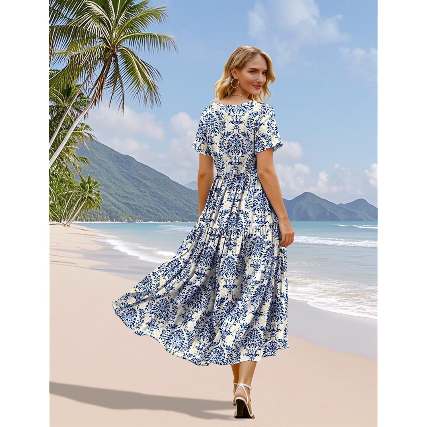 Yesno Women'S Summer Maxi Dresses Casual Floral Short Sleeve V Neck Boho Beach Vacation Swing Dress With Pockets Evf