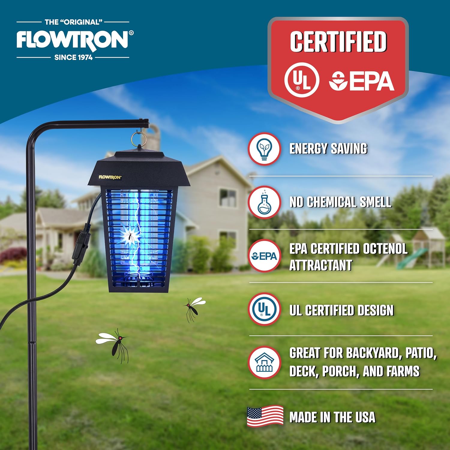 Flowtron Bug Zapper, 1 Acre Outdoor, 40W Uv Bulb, 5600V, Octenol Attractant | Bug Zapper For Backyards, Patios, And Farms - Uv Plus Octenol Lure Clears Mosquitoes, Flies, And Gnats - Ul And Etl Certified