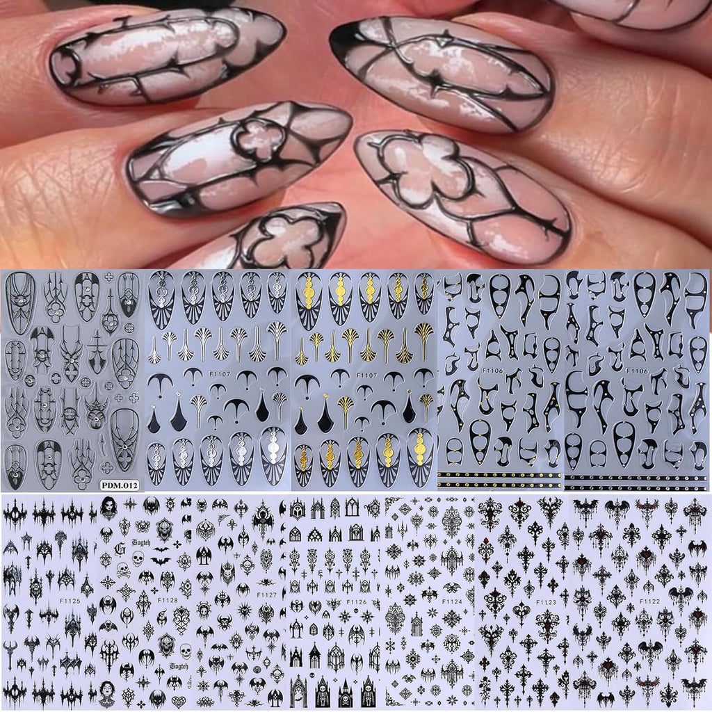Gothic Nail Stickers Witchy Decals 12PCS Dark Black Goth Nail Art Stickers 3D Self-Adhesive Totem Punk Belt Nails Designs DIY Bat Holiday Nail Supplies French for Acrylic Manicure Decoration