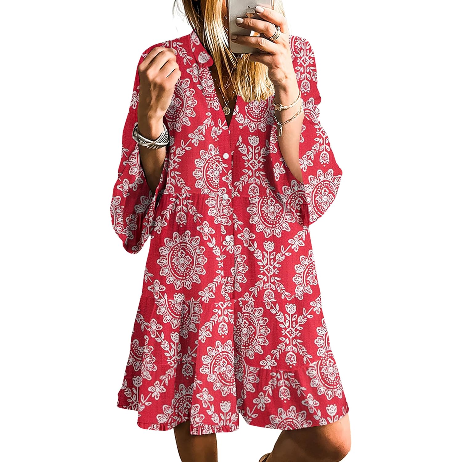 Selink Womens Long Sleeve Dresses Casual V Neck Tribal Print Button Flowy Boho Mini Beach Dress