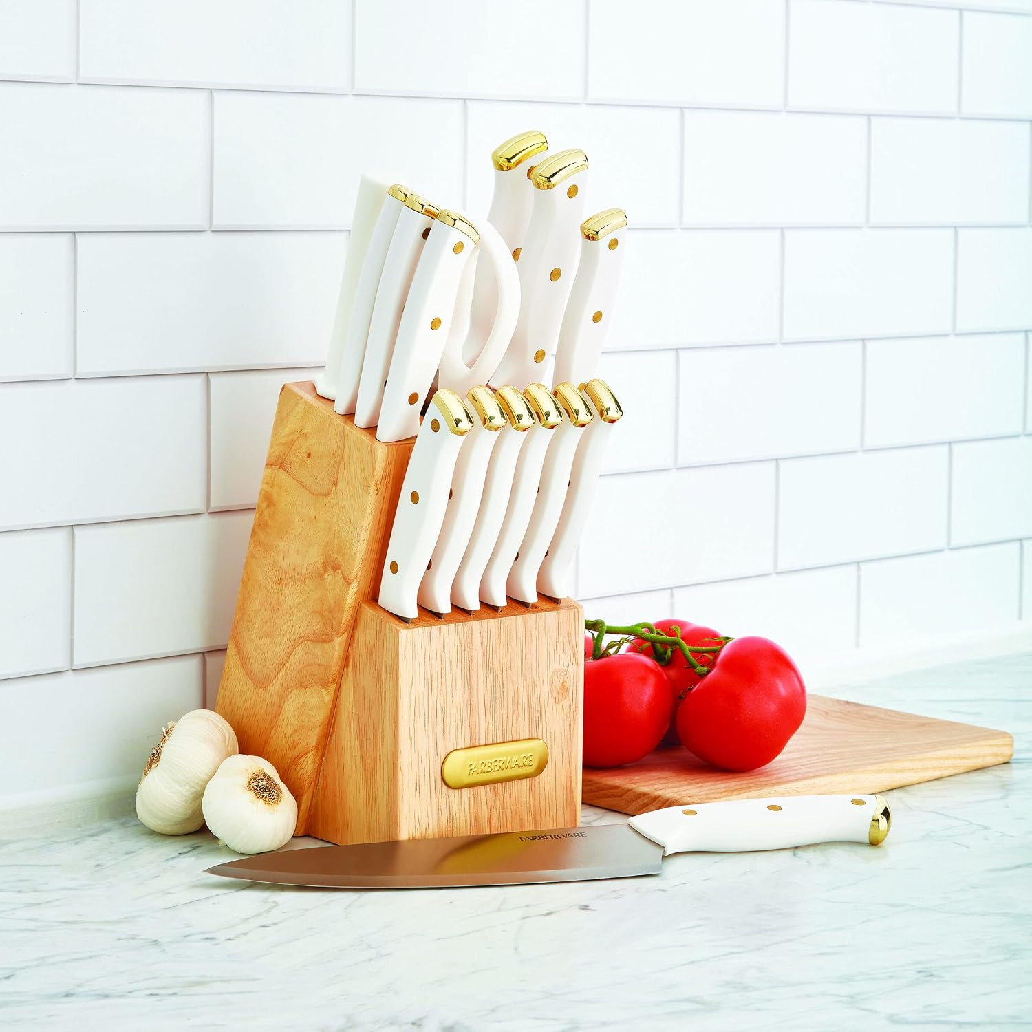 Farberware 15-Piece Knife Block Set, Triple-Riveted High-Carbon Stainless Steel Kitchen Knives, Razor Sharp Blades, Wood Storage Block, White/Gold