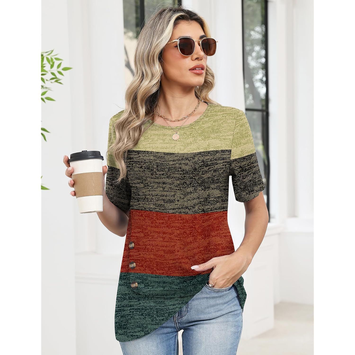 Womens Tops Short Sleeve Shirts Crew Neck Tunic with Buttons Spring Summer Outfits for Women Trendy 2026