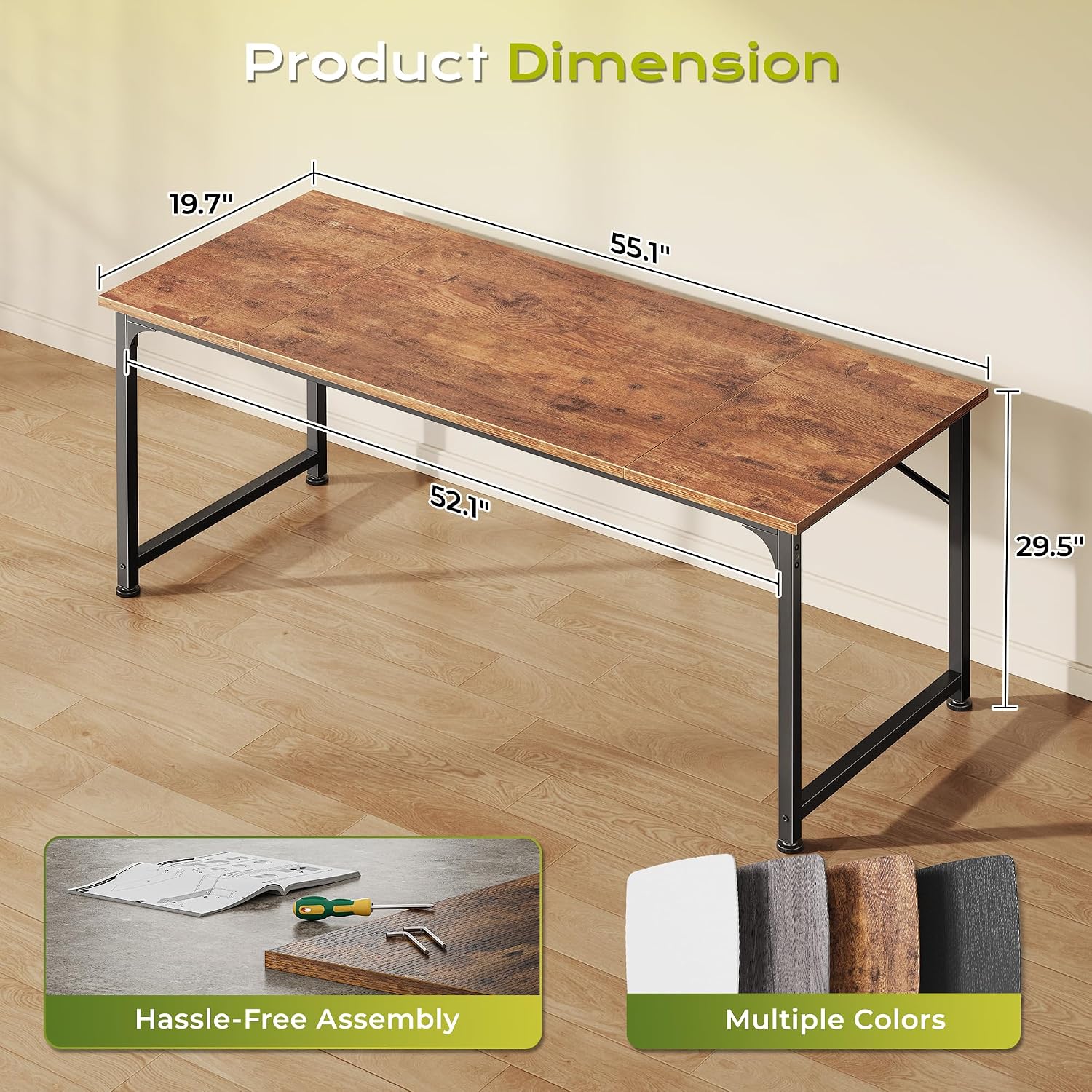 55 Inch Computer Desk, Home Office Desk With Spacious Desktop, Rustic Brown