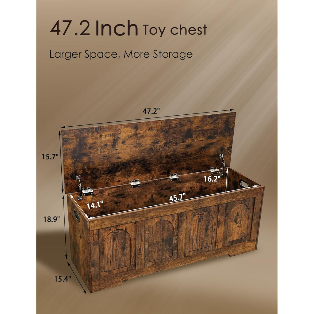 DINZI LVJ Storage Chest, 47.2”Wooden Storage Box with 2 Safety Hinges, Entryway Shoe Bench with Flip-Top, Large Trunk for Living Room, Bedroom, Easy Assembly, Rustic Brown