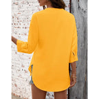 Lomon 3/4 Length Sleeve Womens Tops V Neck 3/4 Sleeve Sides Slit Button Down Shirts Cotton Linen Casual Loose Blouses