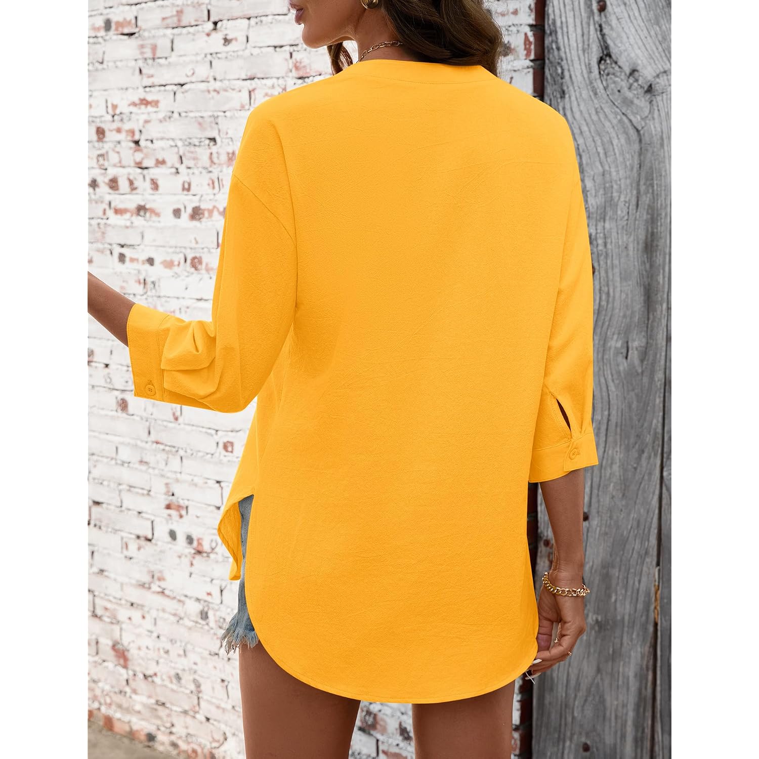 Lomon 3/4 Length Sleeve Womens Tops V Neck 3/4 Sleeve Sides Slit Button Down Shirts Cotton Linen Casual Loose Blouses