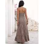 Caracilia Women'S Gingham Striped Smocked Maxi Dress | Spaghetti Strap,Pockets,V Neck A-Line ,Checkered Plaid, Boho Casual,Beach Vacation Resort Cruise Outfits,Summer Fall Clothes