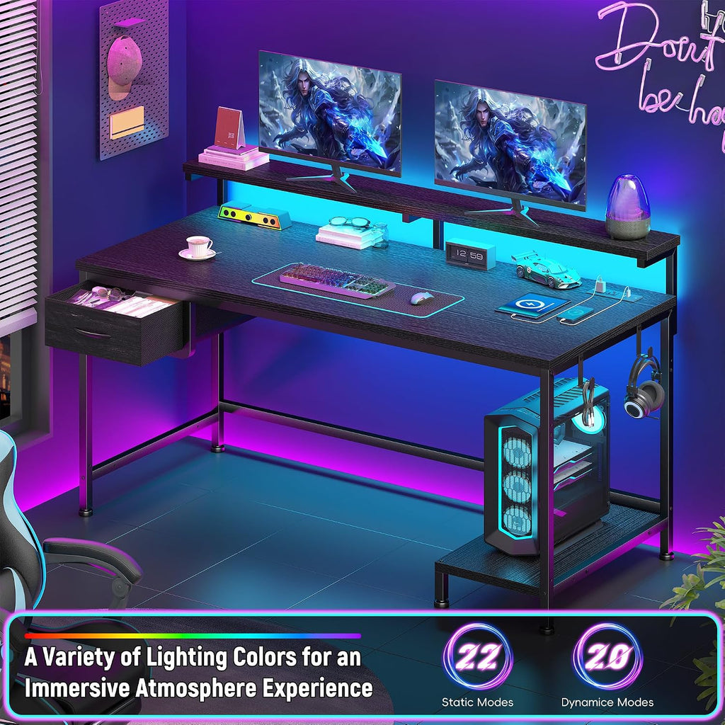 39.3" Gaming Desk With Power Outlet And Led Lights,Bedroom,Black | Computer Desk With Adjutable Monitor Stand,Fabric Drawer,Office Desk With Cpu Stand, Home Work,Study And Gaming,Small Spaces