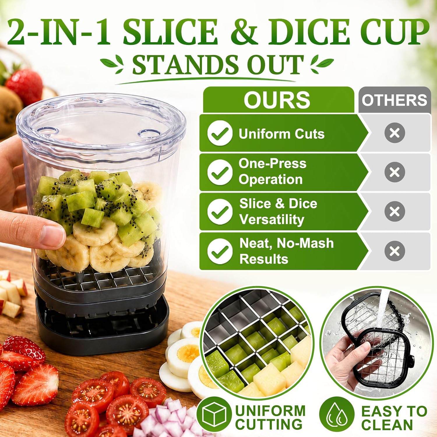 Hendiy 2-In-1 Fruit Slicer Cup, Stainless Steel | Strawberry Slicer Dicer, With Lid & Push Plate, Portable Kitchen Gadget, For Strawberry Banana Grape Egg Vegetable Salad