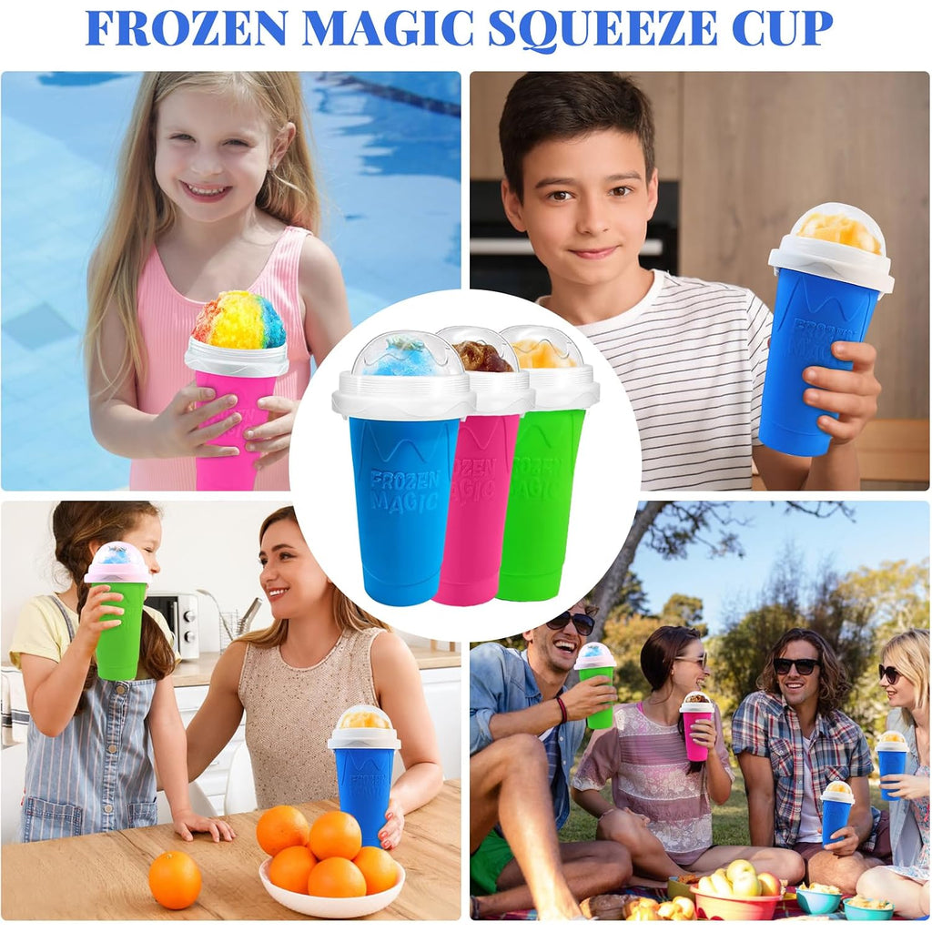 Slushie Cup, 2 Pack Slushy Maker Cup, Diy Magic Squeeze Cups For Juice Milk Yogurt Ice Cream Make, Frozen Cooling Cup With Lid & Straw Cool Stuff Things For Kids Friends Family (Blue+Pink)