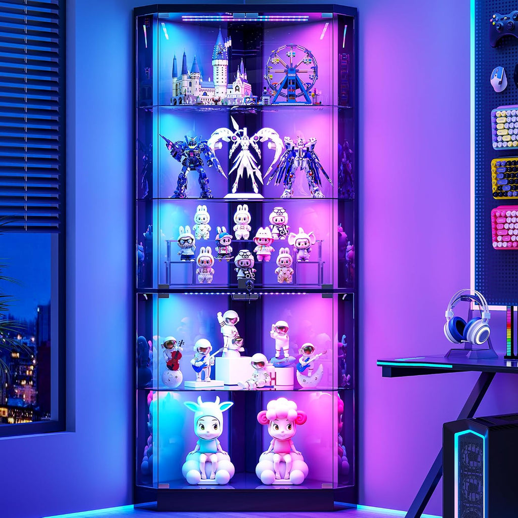 5-Tiers Corner Display Cabinet With Rgb Lights For Collectibles, Black | 69" Tall Curio Cabinet Display Case With Lock, Showcase Display Shelf For Books,Collectibles,Liquor,Living Room,E-Sports Room