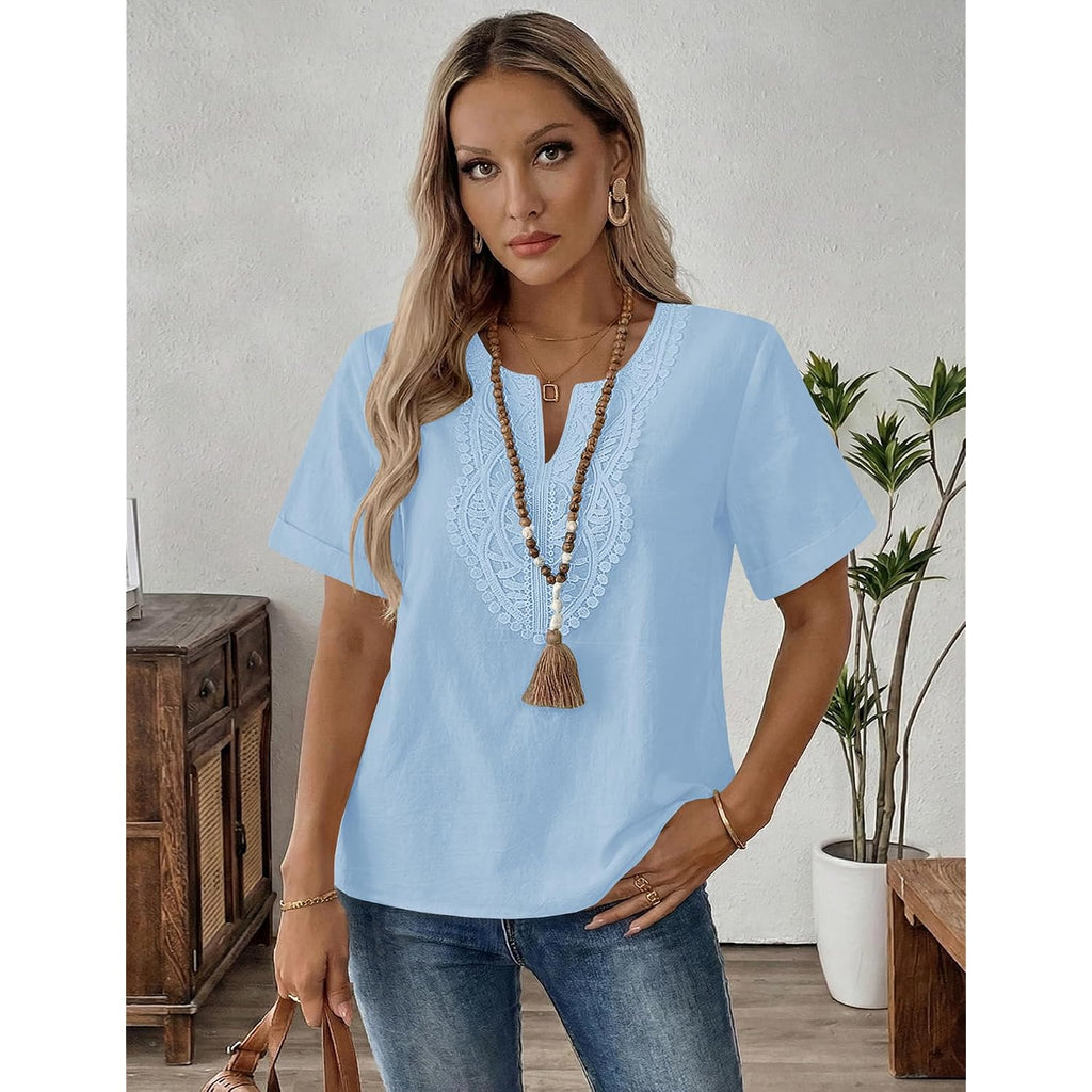 Lomon Womens Short Sleeve Tops Cotton Linen Shirts Loose Casual V Neck Lace Blouses Summer Vacation Clothes