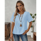 Lomon Womens Short Sleeve Tops Cotton Linen Shirts Loose Casual V Neck Lace Blouses Summer Vacation Clothes
