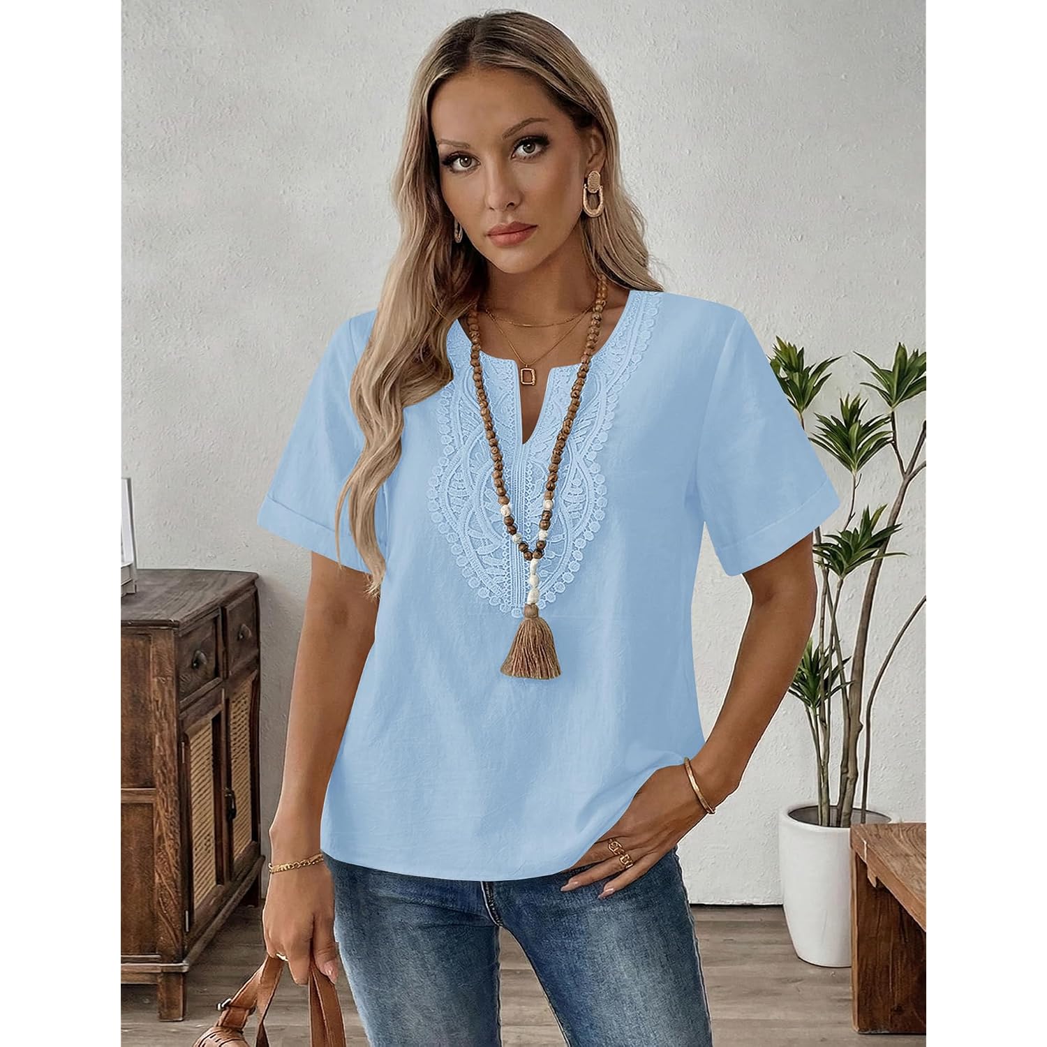 Lomon Womens Short Sleeve Tops Cotton Linen Shirts Loose Casual V Neck Lace Blouses Summer Vacation Clothes