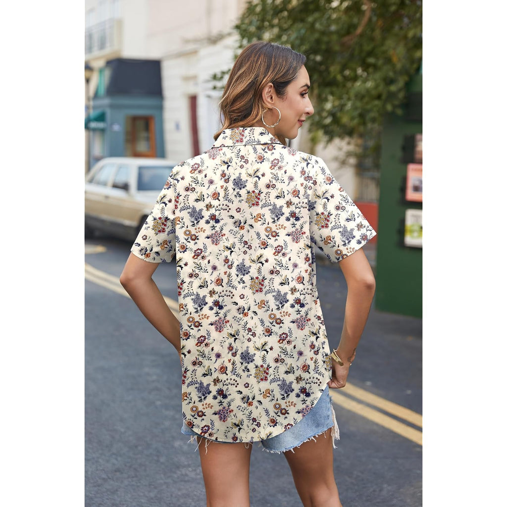 Cotton Linen Button Down Shirt for Women V Neck Collared Blouse Casual Short Sleeve Tops with Pocket