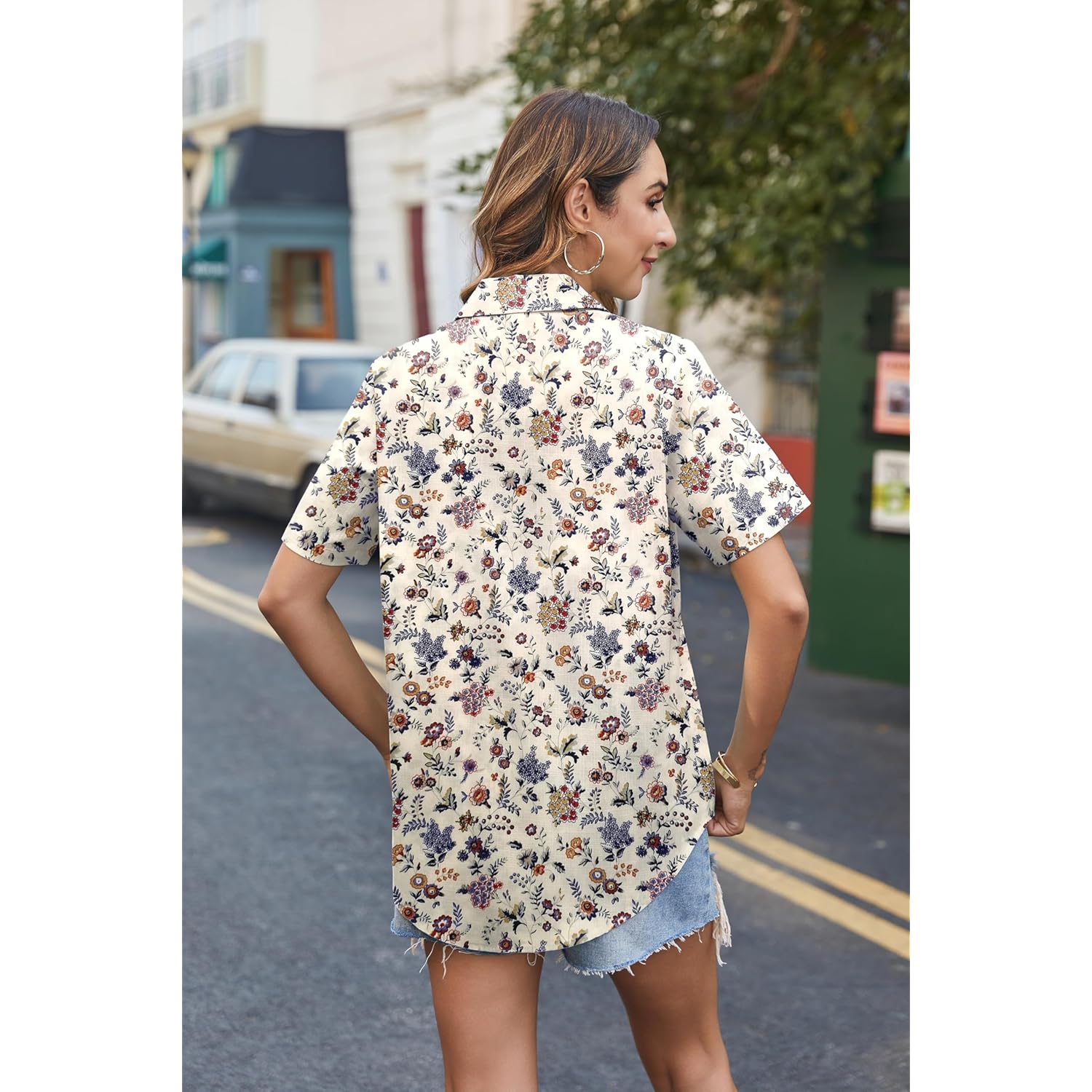 Cotton Linen Button Down Shirt for Women V Neck Collared Blouse Casual Short Sleeve Tops with Pocket