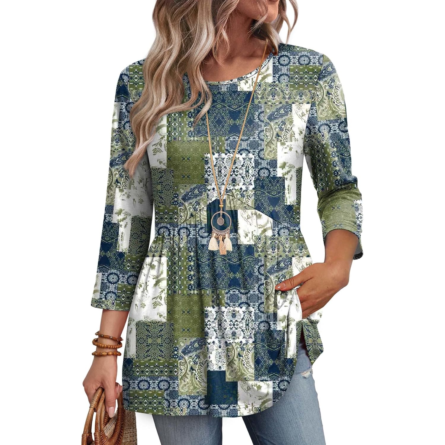 3/4 Length Sleeve Womens Tops Blouses for Women Dressy Casual Spring Fashion Clothing Crew Neck Babydoll Tops