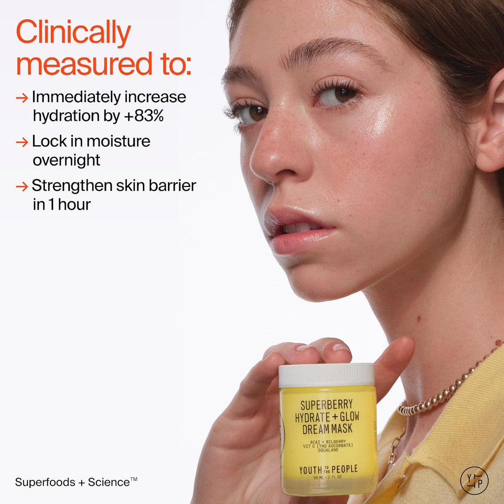 Youth To The People Superberry Hydrate + Glow Dream Mask - Hyaluronic Acid, Squalane, Vitamin C, Face Moisturizer + Overnight Facial, Non-Greasy, Plumps, Brightens, Evens Tone, For Dry + Dull Skin
