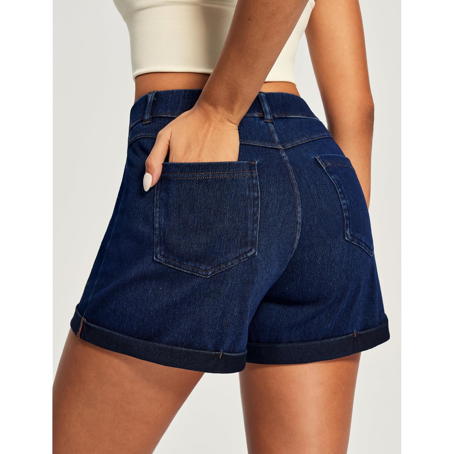Stretchy Baggy Jean Shorts Womens Pull On Denim Shorts Women High Waisted Tummy Control Jorts Summer Casual with Pockets