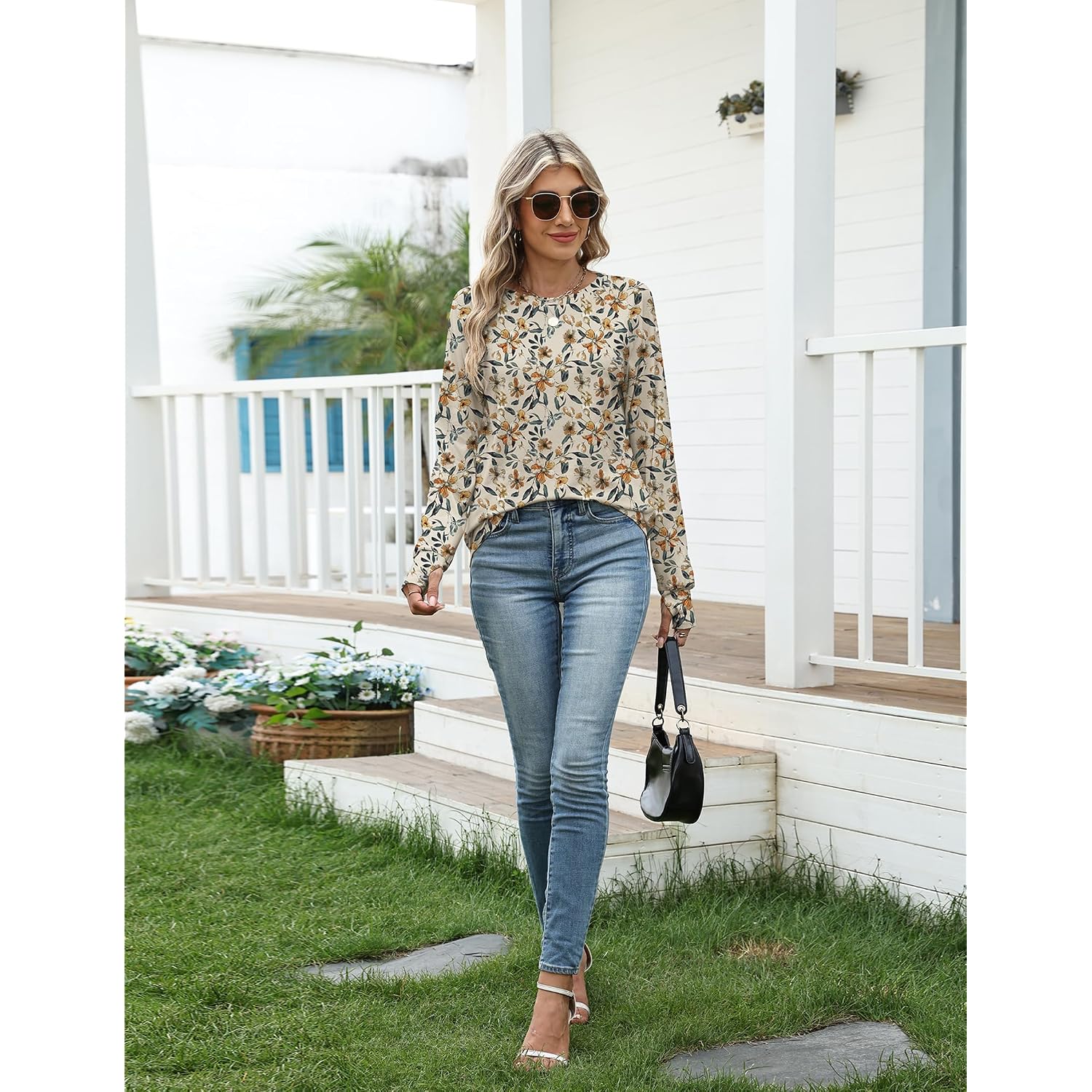 Zeagoo Women's Casual Long Sleeve Shirts Crew Neck Round Hem Loose T-Shirts Tunic Tops with Thumb Holes