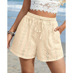 Lace Shorts for Women Summer Cute Boho Eyelet Elastic Waist Drawstring Casual Lounge Shorts Beach Vacation Outfits