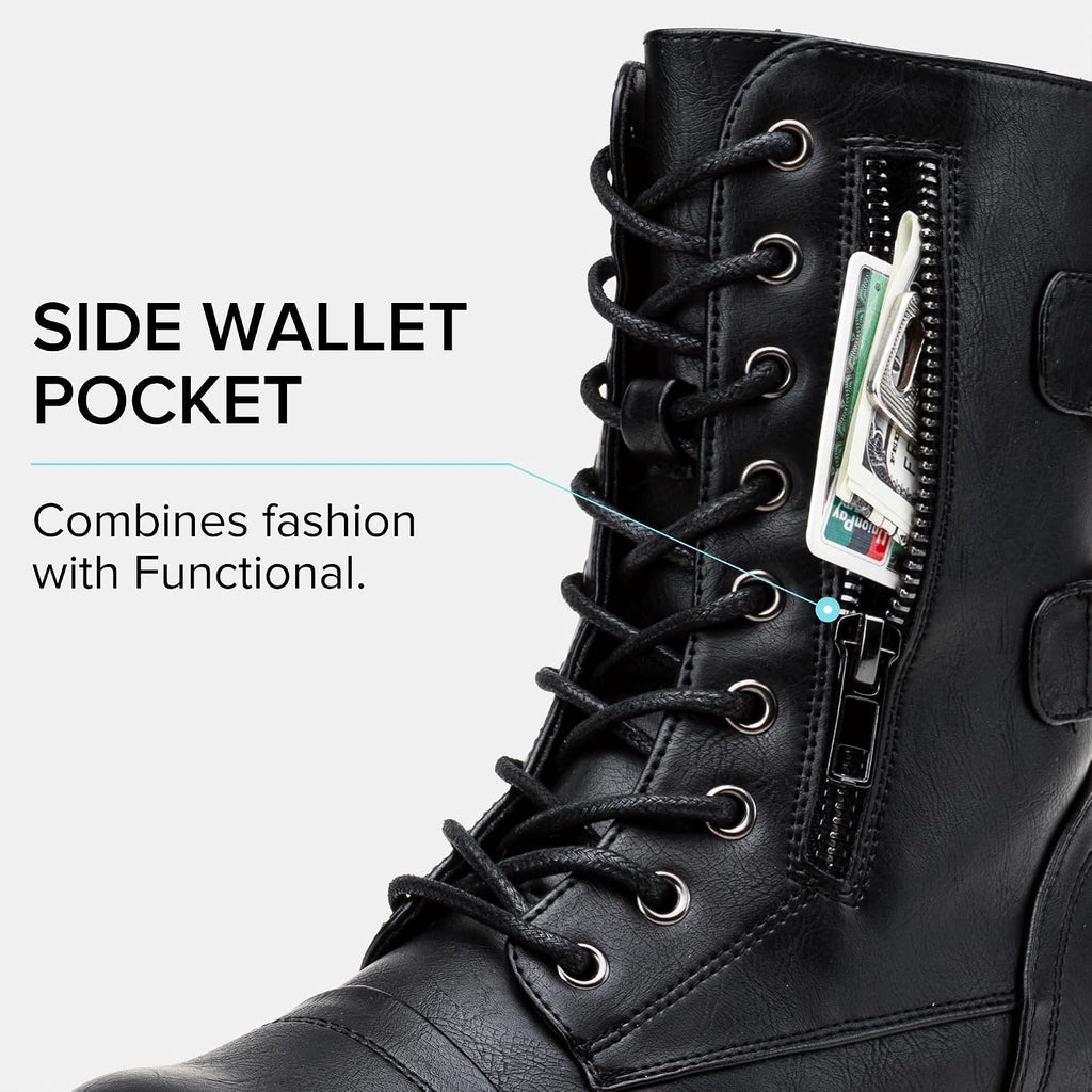 Women'S Combat Boots Low Heel, Mid Calf Military Boots With Card Knife Wallet Pocket