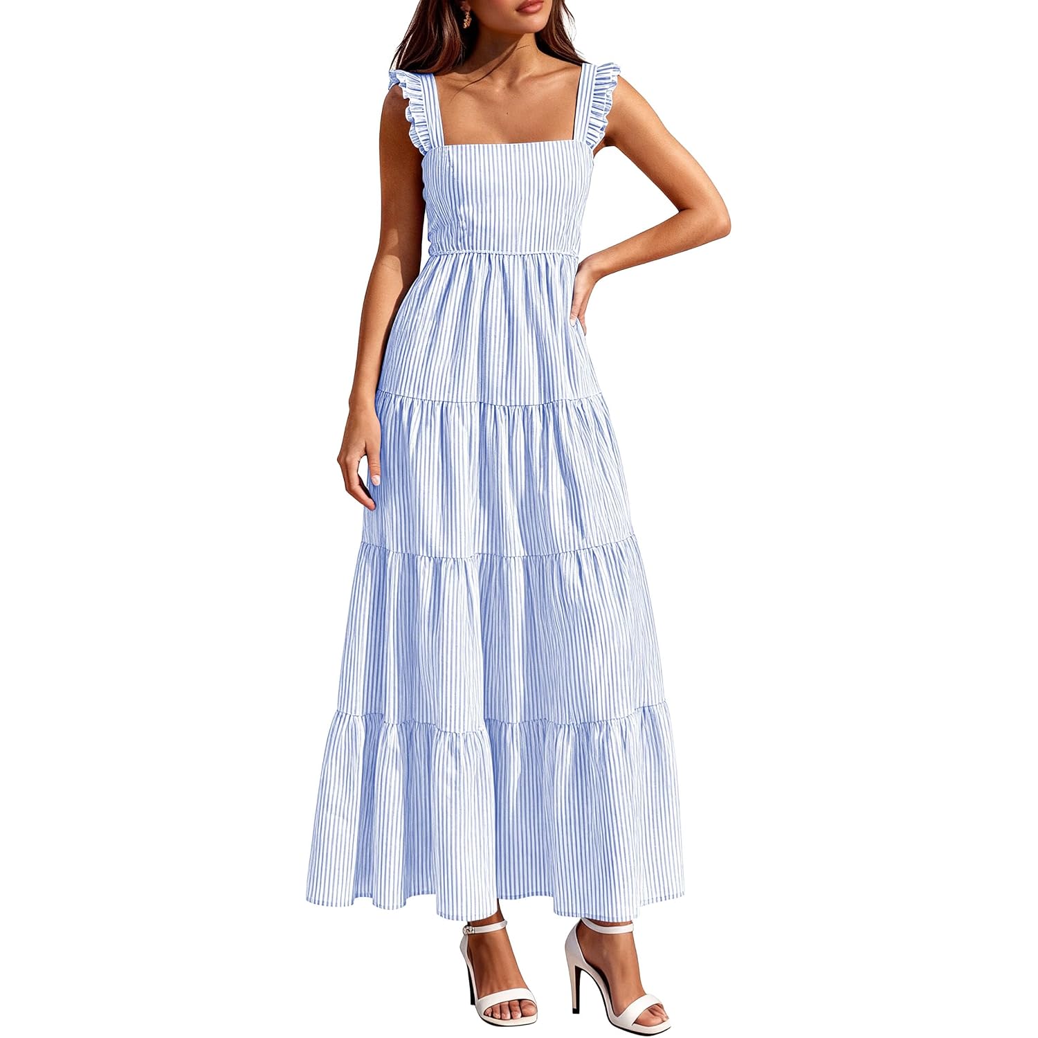 Prettygarden Womens 2026 Summer Casual Maxi Dresses Striped Square Neck Sleeveless Boho Flowy Sundress Beach Vacation Clothes