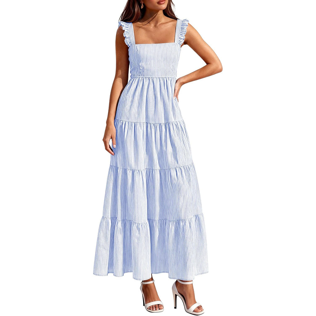 Prettygarden Womens 2026 Summer Casual Maxi Dresses Striped Square Neck Sleeveless Boho Flowy Sundress Beach Vacation Clothes