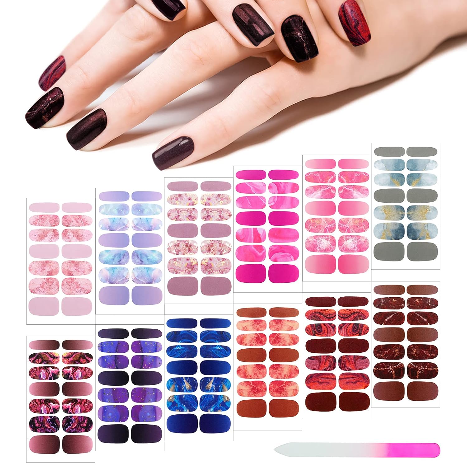 Maitys 168 Pcs 12 Sheets Full Wrap Nail Stickers Polish Strips Gradient Stickers Glitter Self Adhesive DIY Gel Nail Strips Decals with 1 Pcs Fingernail Files for Holiday Decor(Lovely Style)