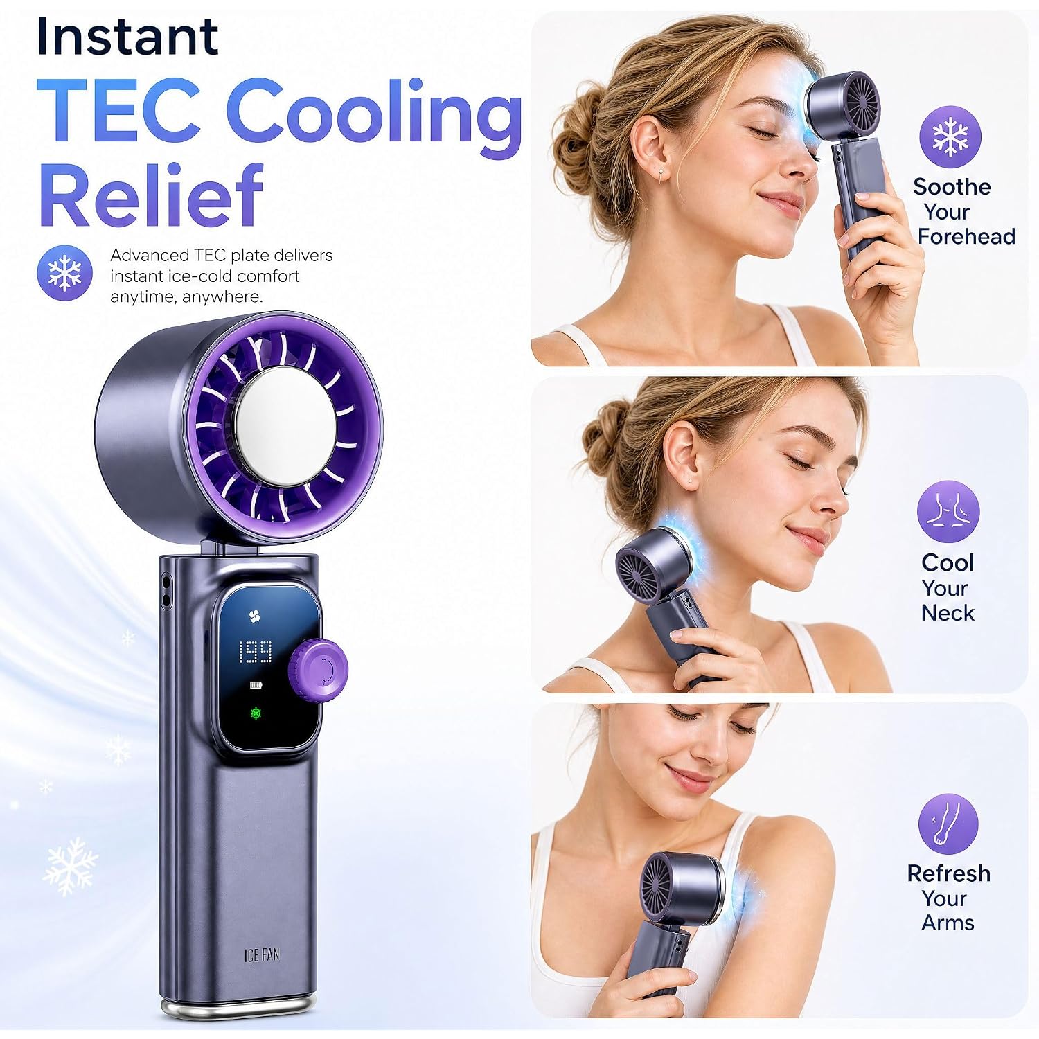 Portable Handheld Fan With Ice Cooling, Personal Rechargeable Fan 20000Rpm,199-Speed Mini Neck Fan With 4000Mah Battery Powered Up To 15Hrs With Led Display For Travel, Camping & Outdoor, Purple